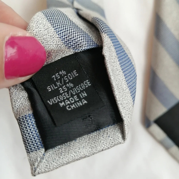 Calvin Klein Silk Blend Silver and Blue Striped Slim Tie - Picture 11 of 14